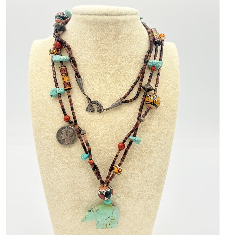Southwestern Multi‑Strand Necklace, Carved Bear Pendant, Cocopah Clasp